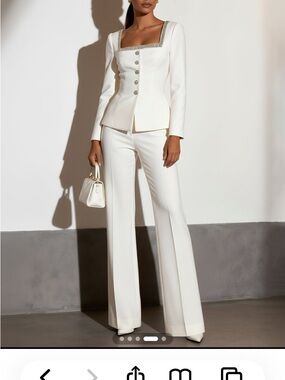 White Women's Embellished Neckline Pantsuit